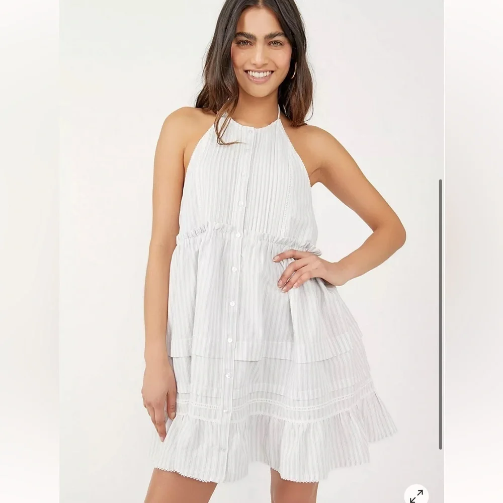Free People desert Blue Striped Ruffle Mini Dress Cotton Summer beach M